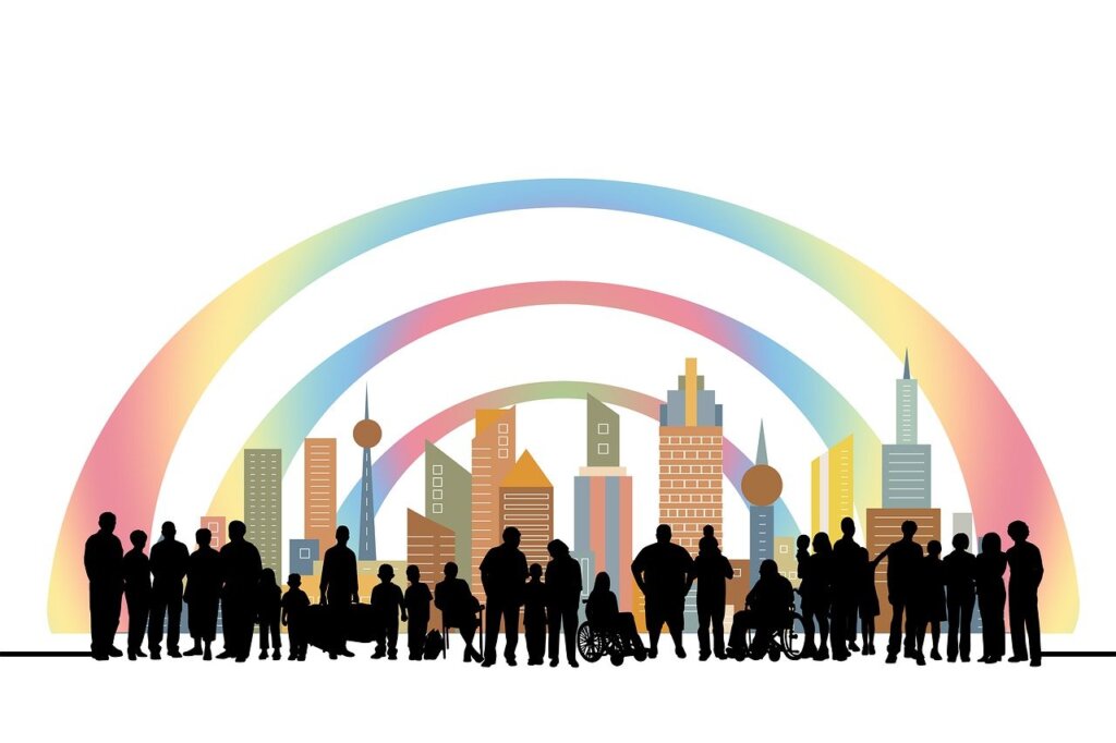 illustration of diverse people with colorful city in the background