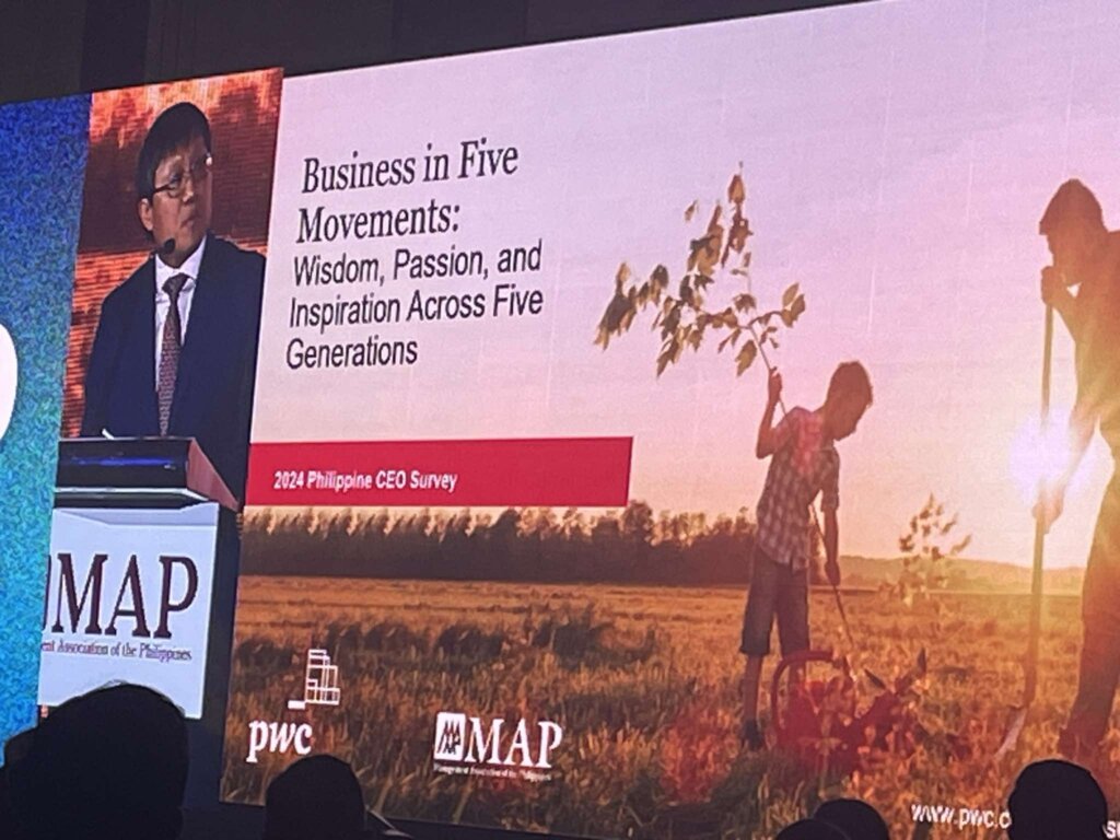 Roderick Danao presenting the "2024 Philippine CEO Survey". The title "Business in Five Movements: Wisdom, Passion, and Inspiration Across Five Generations" is displayed on the screen.