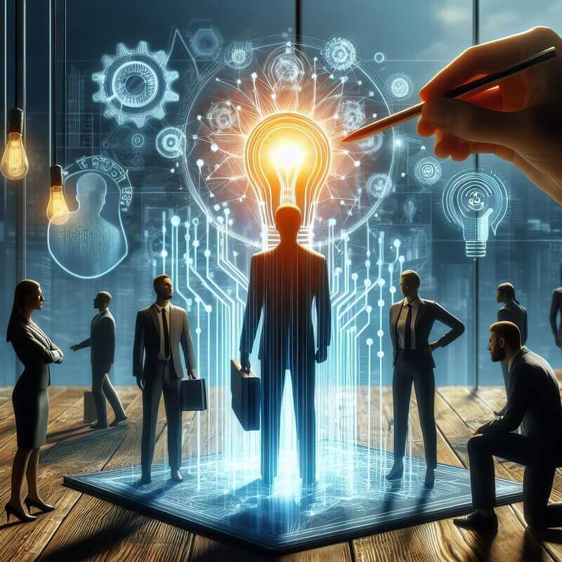 Business professionals gather around a glowing figure with a lightbulb above their head, representing the 'Leadership Reimagined Program.' The scene emphasizes innovation, technology, and forward-thinking leadership.