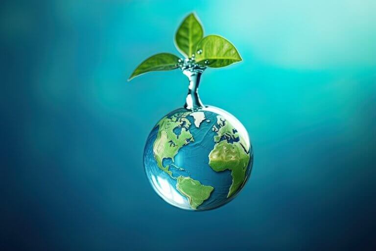 Globe with green leaves against a blue background; symbolizing sustainability initiatives.