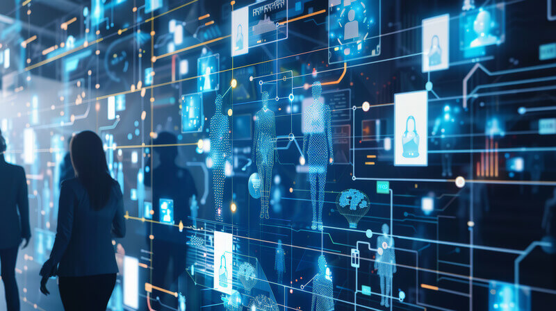 Digital visualization of AI in HR processes, with silhouettes of professionals analyzing data on interconnected digital interfaces.