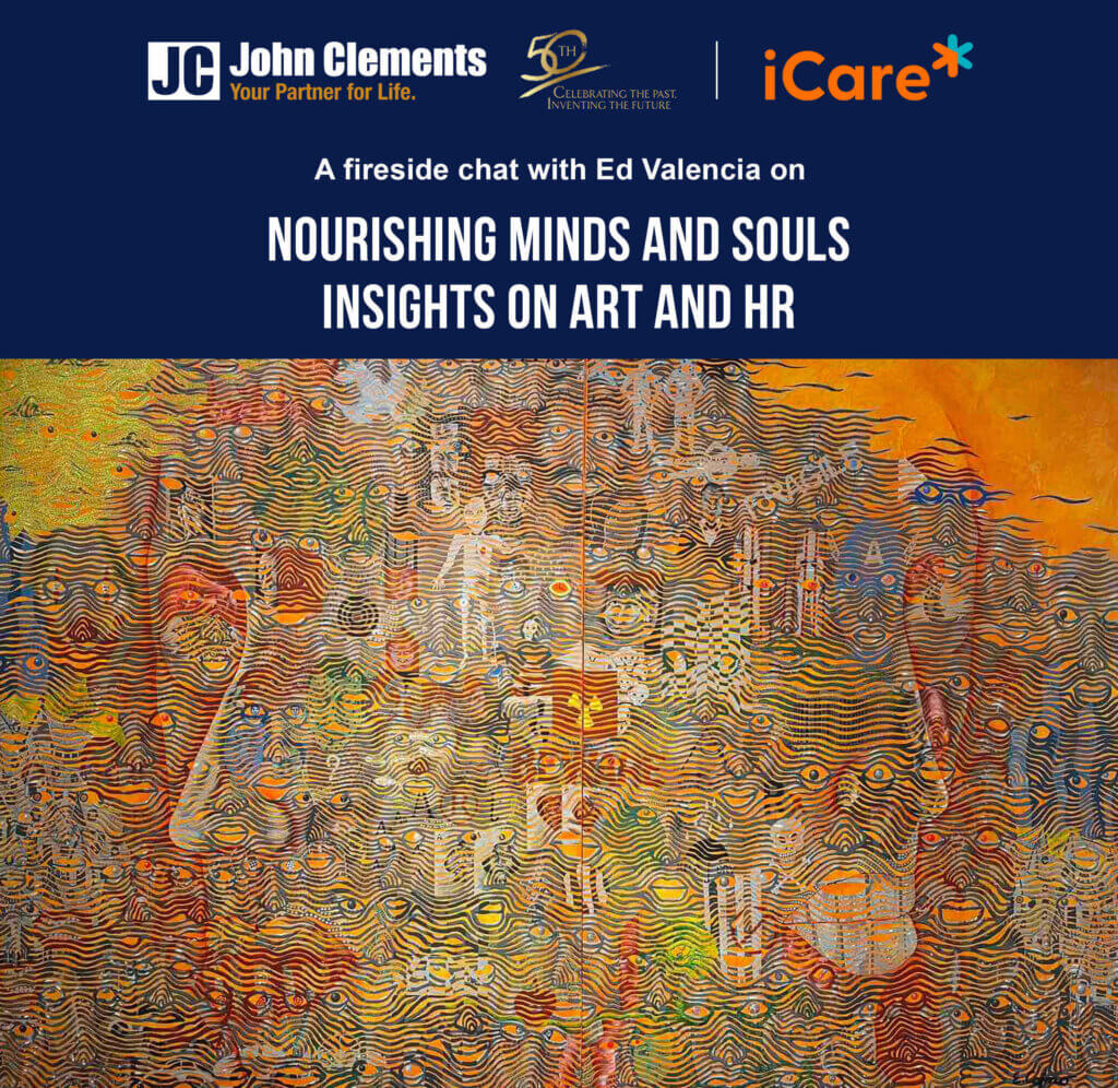 A vibrant abstract artwork featuring colorful patterns and wavy lines, with a promotional banner for a fireside chat event by John Clements Consultants. The banner highlights the event's theme, 'Nourishing Minds and Souls: Insights on Art and HR,' emphasizing the role of creativity in human resources.