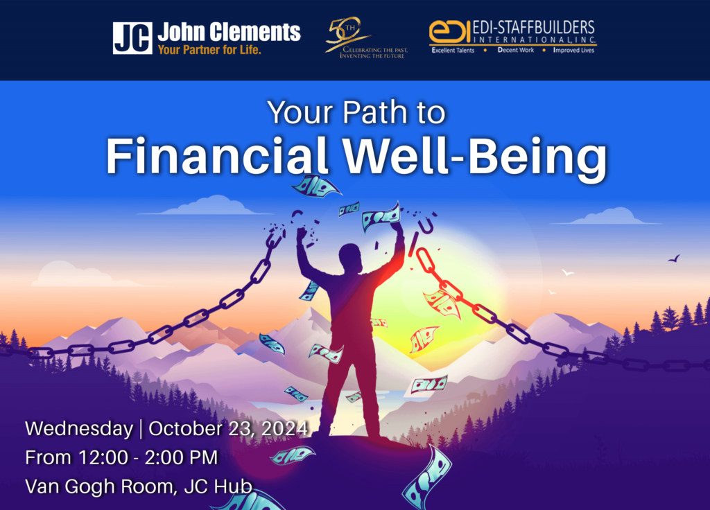 Event poster for “Your Path to Financial Well-Being,” a learning session on achieving financial freedom, hosted by John Clements Consultants.