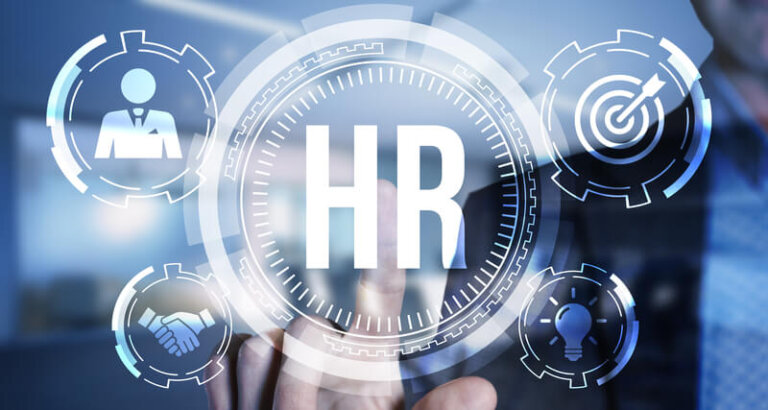 HR technology for employee experience concept represented by a digital interface with icons of human resources, target setting, teamwork, and innovation. A person interacts with the holographic display, emphasizing the integration of technology in enhancing the employee experience.