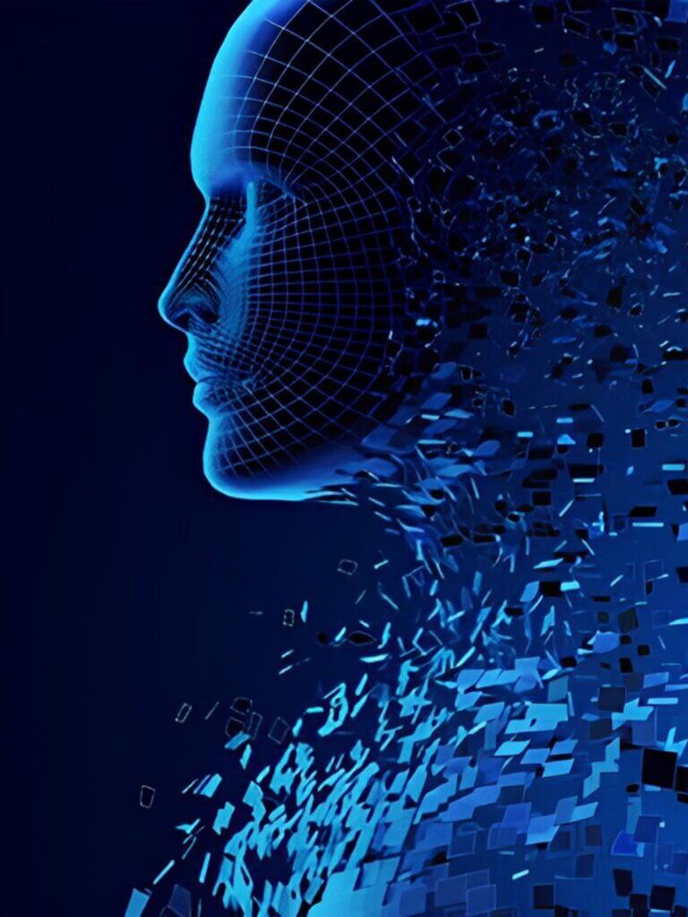 Abstract blue human silhouette made of mesh and dissolving pixels representing artificial intelligence and digital identity.