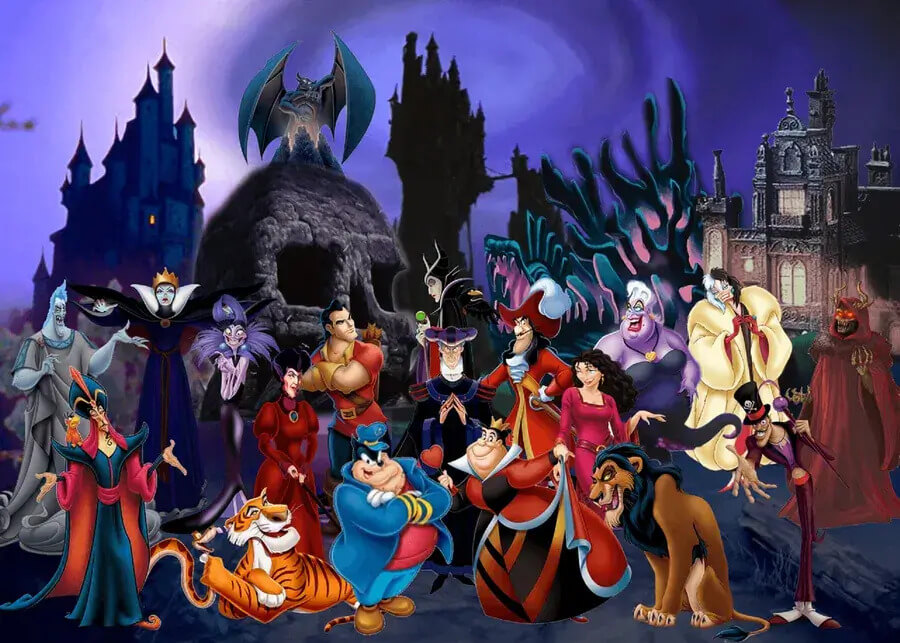 Collage of animated villains in a dark, eerie backdrop with castles and ominous figures, symbolizing 'dark HR tactics' through sinister and dramatic imagery.