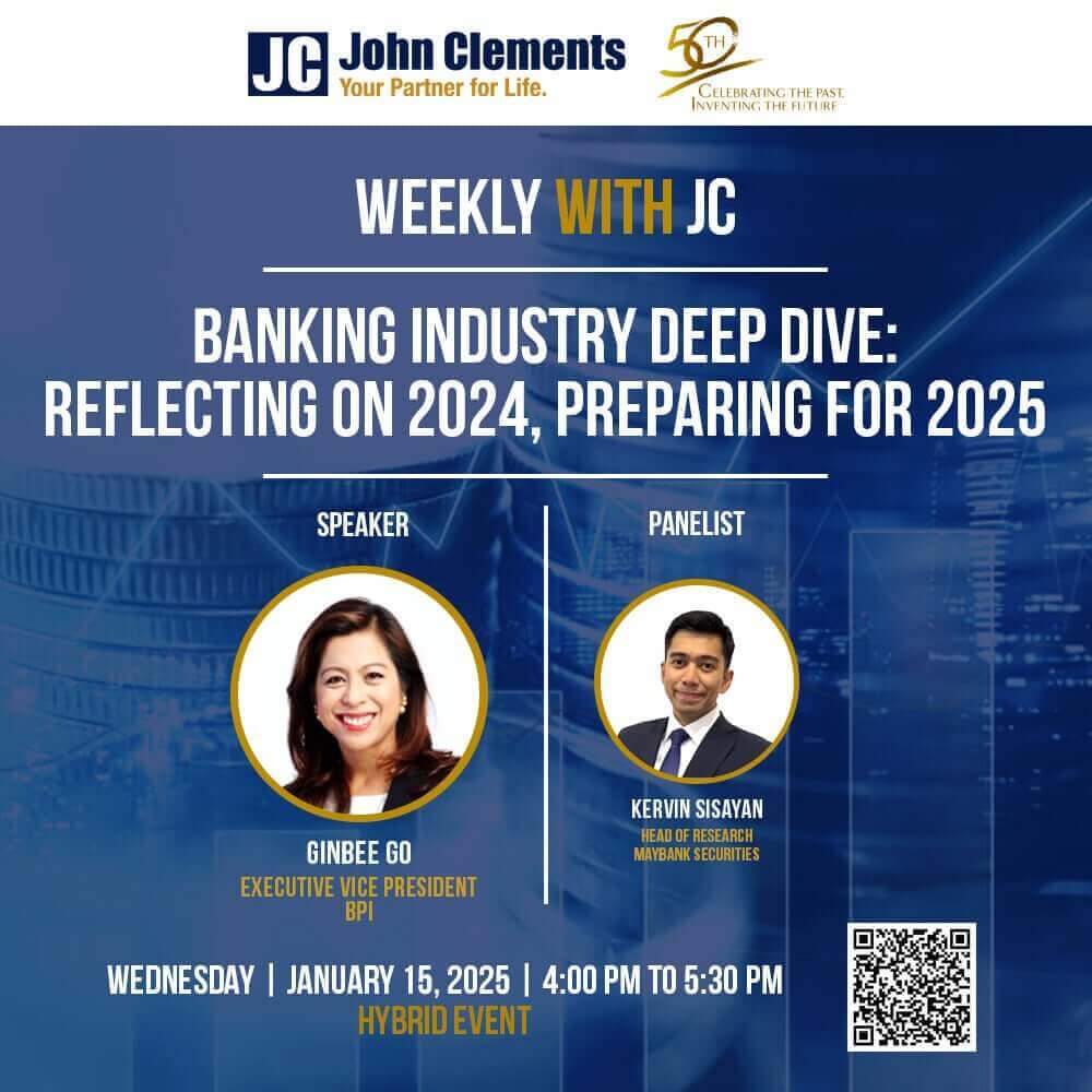 Promotional banner for the Weekly with JC hybrid event titled "Banking Industry Deep Dive: Reflecting on 2024, Preparing for 2025," featuring digital banking topics with a speaker and panelist.