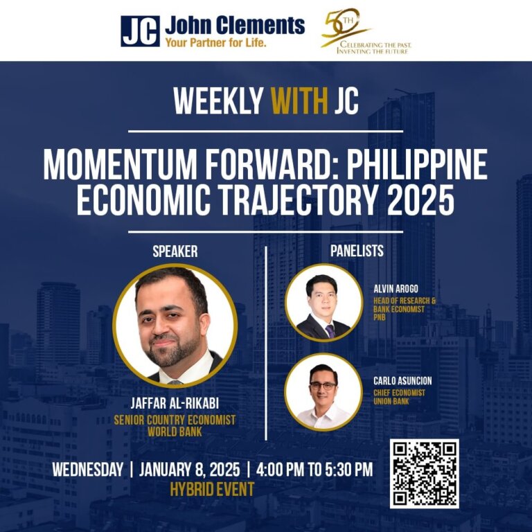 Event poster for "Momentum Forward: Philippine Economic Trajectory 2025," discussing Philippine economic growth.