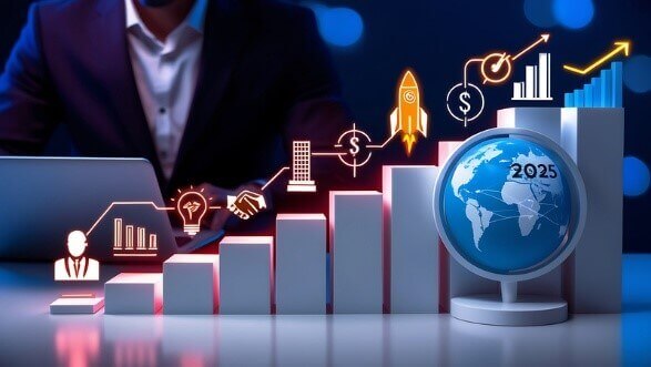 An illustration showcasing professional and business strategies for 2025, featuring a rising bar chart, a globe labeled 2025, and icons representing growth, innovation, and financial success.