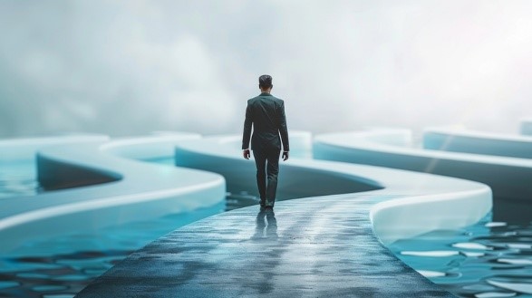 A man in a suit walking along a winding path surrounded by water, symbolizing the journey to finding the right career path.