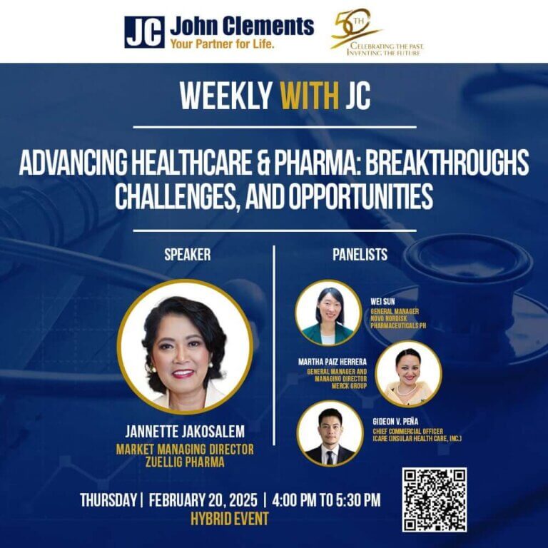 Promotional poster for a John Clements event on healthcare and pharma trends, featuring industry experts discussing breakthroughs, challenges, and opportunities.