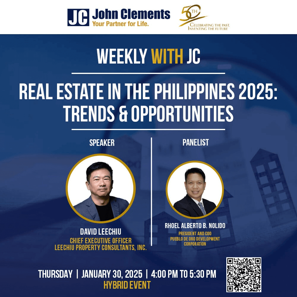 Event poster for Philippines real estate trends 2025, featuring speaker David Leechiu and panelist Rhoel Alberto B. Nolido, hosted by John Clements Consultants.