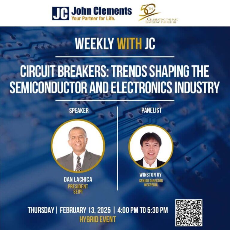 Promotional poster for a John Clements event on the Philippines semiconductor industry, featuring Dan Lachica, President of SEIPI, and Winston Uy, Senior Director at Nexperia, discussing industry trends on February 13, 2025.