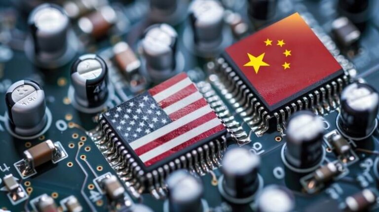 Microchips with U.S. and China flags on a circuit board, symbolizing Taiwan semiconductor geopolitics.