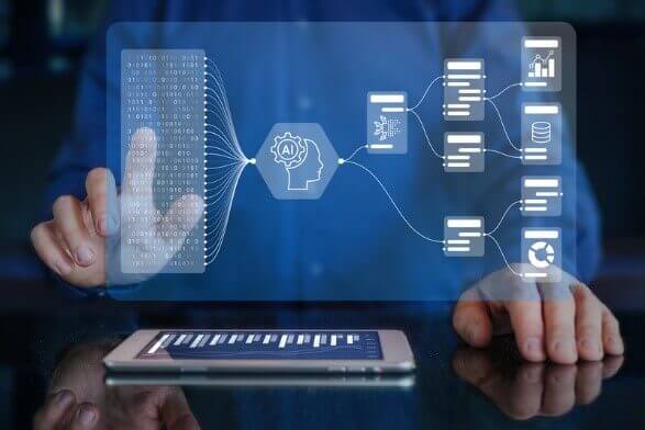 Visualization of AI in business transformation, showing a digital interface with artificial intelligence-driven data processing and workflow automation