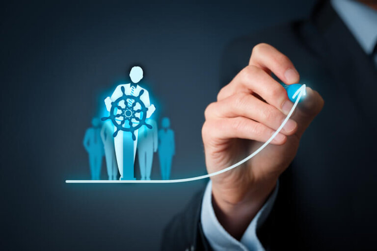 Illustration of cross-functional leadership development – A businessman in a suit draws an upward arrow, symbolizing growth. A glowing figure holding a ship’s wheel represents leadership, with a team standing behind, emphasizing teamwork and direction.