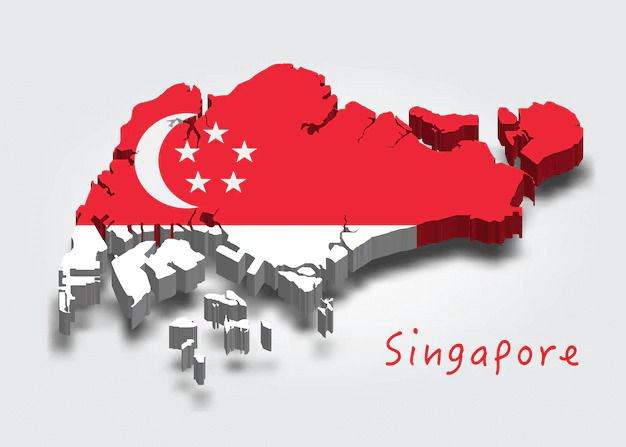 3D map of Singapore with the national flag design and 'Singapore' written in red, representing John Clements Singapore.