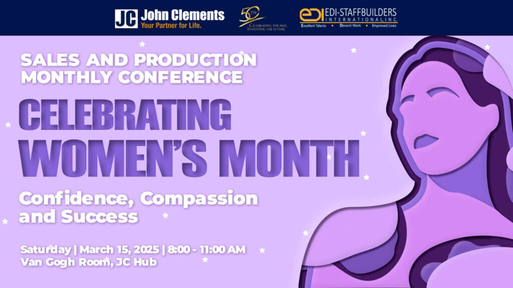 A promotional banner for a Women's Month celebration at the Sales and Production Monthly Conference, featuring the theme "Confidence, Compassion, and Success," scheduled for March 15, 2025, at the JC Hub.