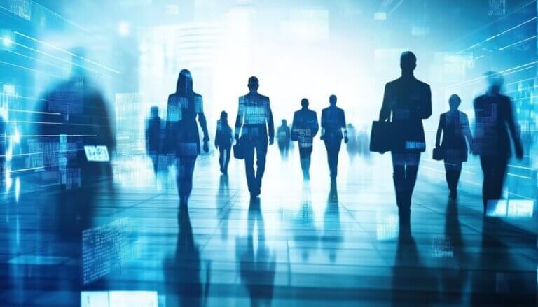 Silhouettes of business professionals in a futuristic, digital environment with blue hues, data streams, and holographic displays. The scene conveys the concept of outsourced staffing and AI driving progress and innovation in a fast-paced business landscape.