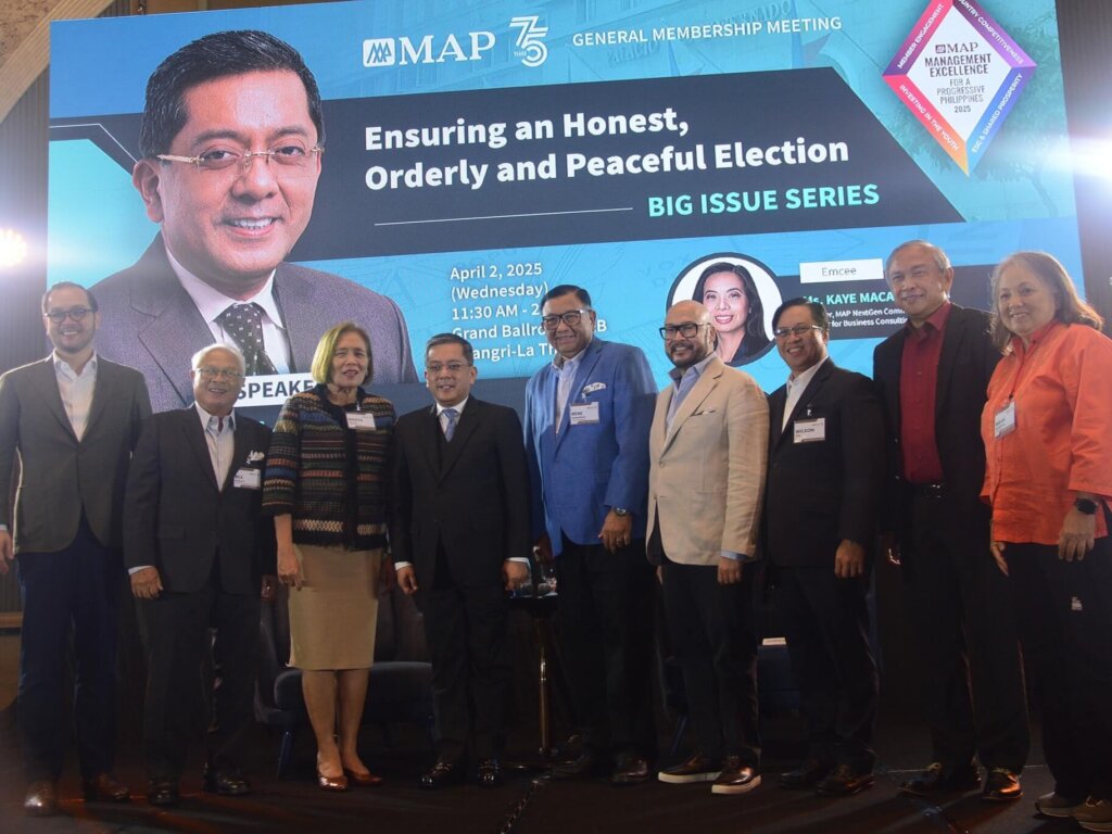 Group photo at the MAP General Membership Meeting discussing "Ensuring an Honest, Orderly and Peaceful Election" for the Philippine Election 2025, held at the Grand Ballroom of Shangri-La.