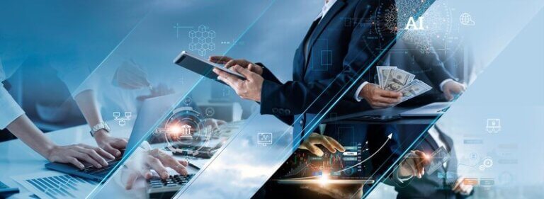 Business professionals using technology and handling data, symbolizing AI implementation challenges in finance, operations, and digital transformation.