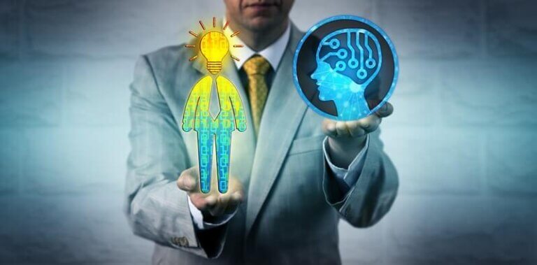 AI-proof careers: A professional in a suit holds two holographic images—one symbolizing human creativity and innovation, the other representing artificial intelligence—highlighting the importance of uniquely human skills in an AI-driven world.