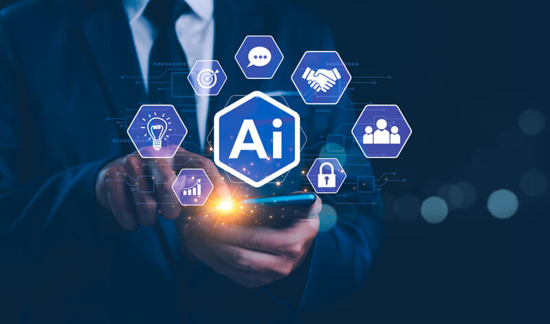 Businessman using a smartphone with virtual icons representing generative AI for businesses, including innovation, communication, security, and teamwork.