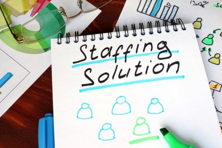 A notebook with "Staffing Solution" written on it, surrounded by charts and diagrams representing outsourced staffing strategies. The image highlights workforce planning with people icons and graphs.
