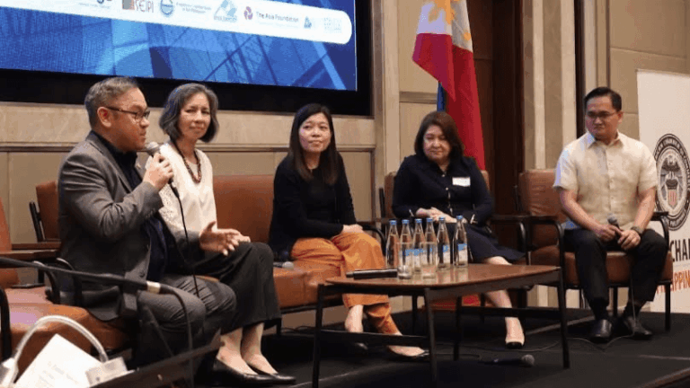 Panel discussion on talent development in the Philippines featuring leaders from government, industry, and academia at the AmCham Talent Summit 2025.
