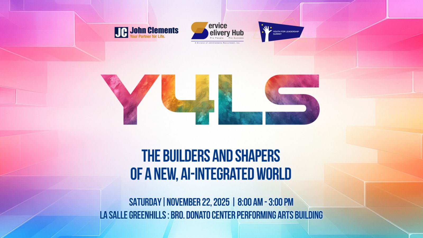Colorful Y4LS 2025 poster with event title “The Builders and Shapers of a New, AI-Integrated World” and summit details