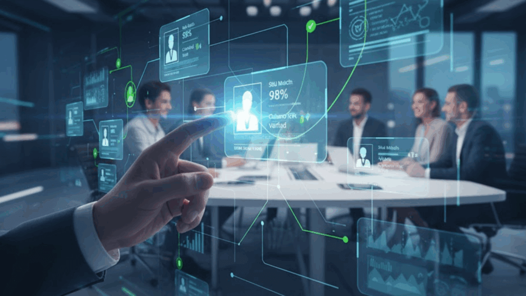 AI recruiting tools dashboard showing resume screening, candidate engagement, and hiring analytics in 2025