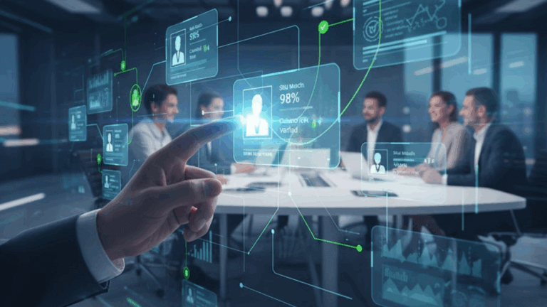 AI recruiting tools dashboard showing resume screening, candidate engagement, and hiring analytics in 2025