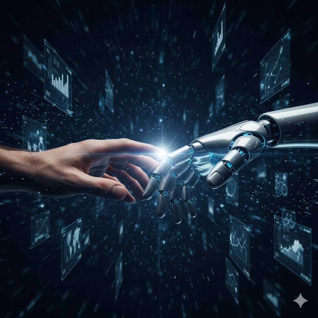 A conceptual photo showing a human hand and robotic hand meeting