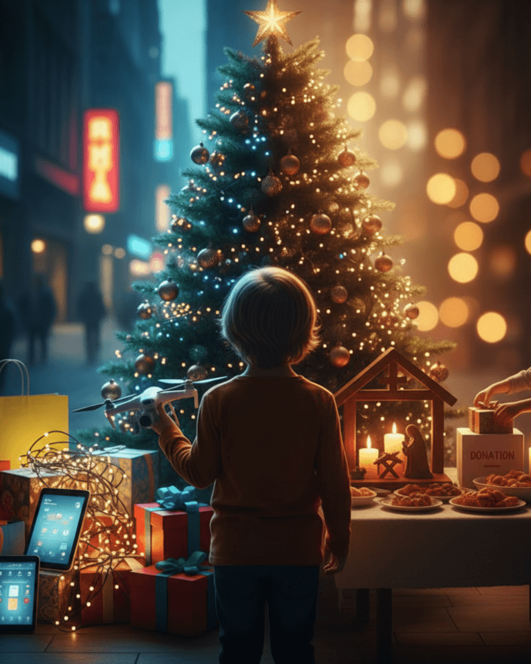 A child looking at Christmas lights, symbolizing the true meaning of Christmas beyond material gifts