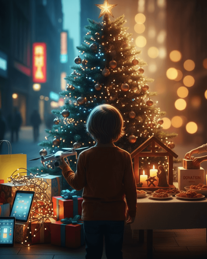 A child looking at Christmas lights, symbolizing the true meaning of Christmas beyond material gifts
