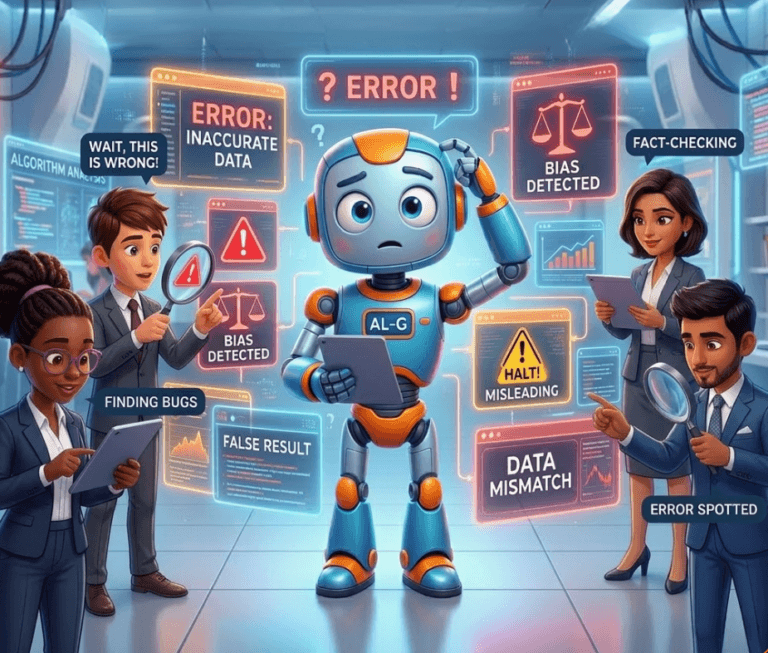 Employees applying responsible AI use while reviewing AI-generated outputs in a modern workplace