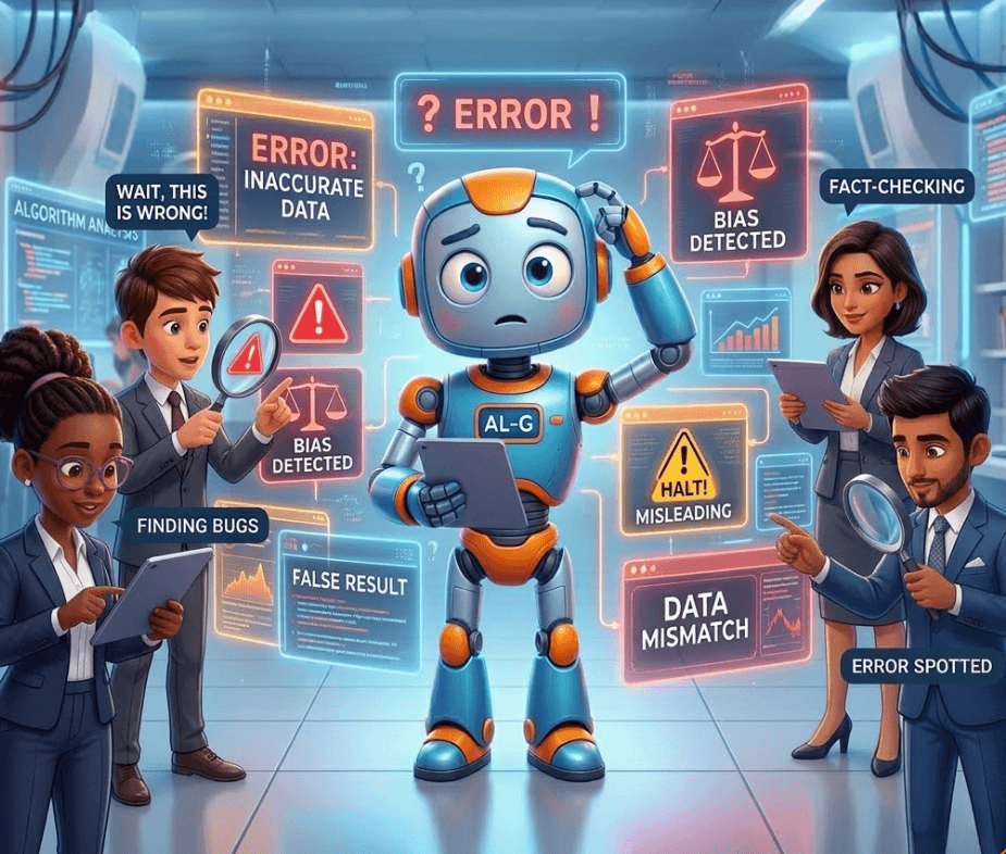 Employees applying responsible AI use while reviewing AI-generated outputs in a modern workplace