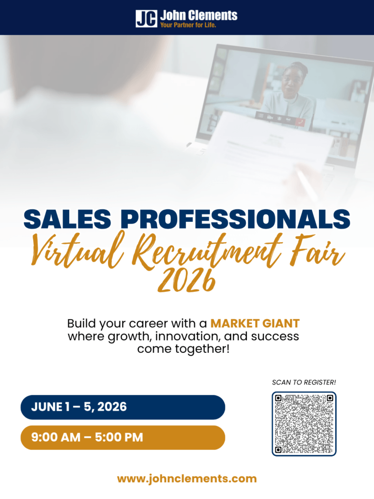 Sales Professionals Virtual Recruitment Fair 2026 poster by John Clements, June 1 to 5, 9AM to 5PM