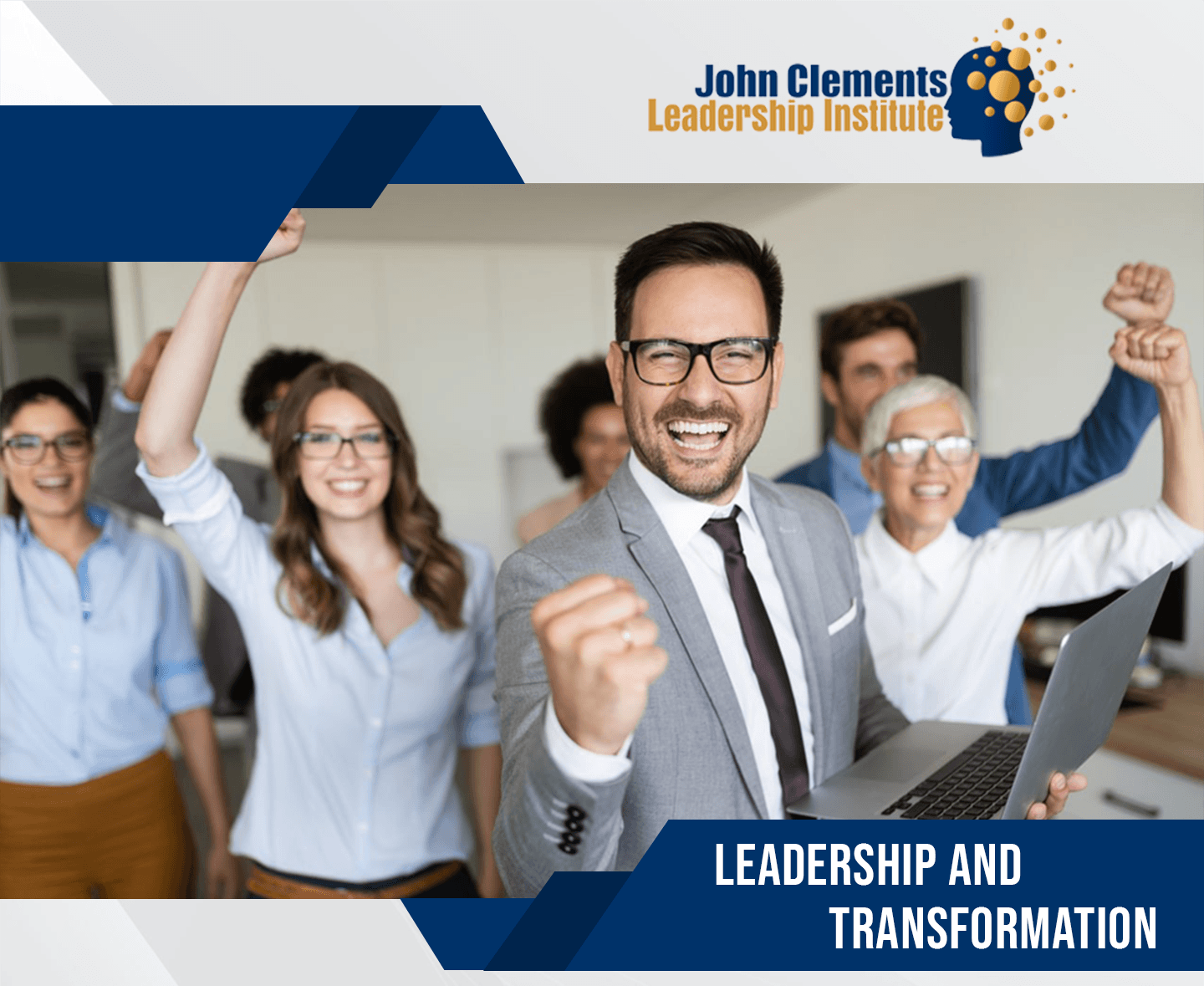 Professional business leaders smiling and celebrating during a seminar