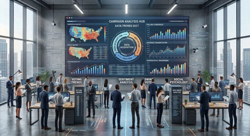 Data analysts working in a modern analytics control room reviewing digital charts and political trend displays on a large screen